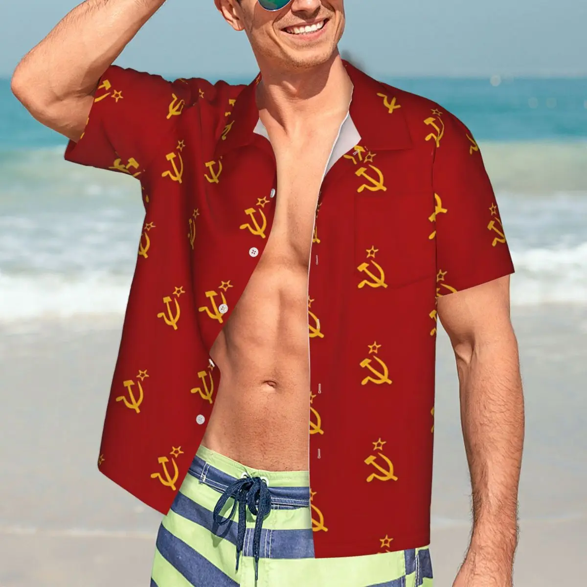 

CCCT Soviet Flag Hammer And Sickle Beach Shirt Summer Casual Shirts Men Elegant Blouses Short Sleeves Harajuku Graphic Tops