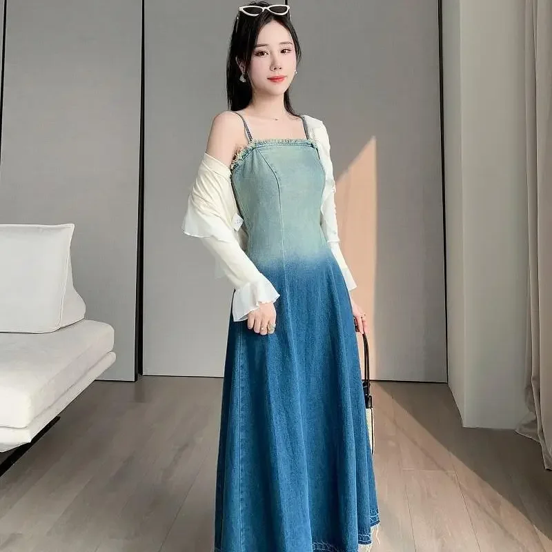 Gaun Denim Suspender Wanita Warna Gradien Segar Musim Panas Pakaian Elegan A-line Esensial Pesta Panjang Berkualitas Rok Koboi Kamisol