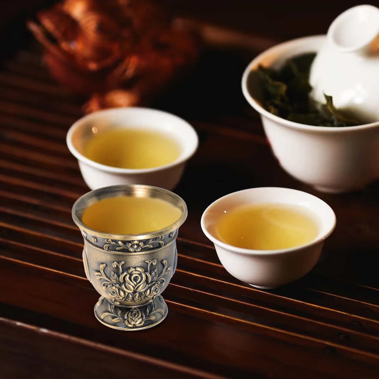 

Bronze Teacup Chinese Drinking Cups Goblet Vintage Teaware Liquor Glasses Wide Cup Mug Metal Juice Container Beverages