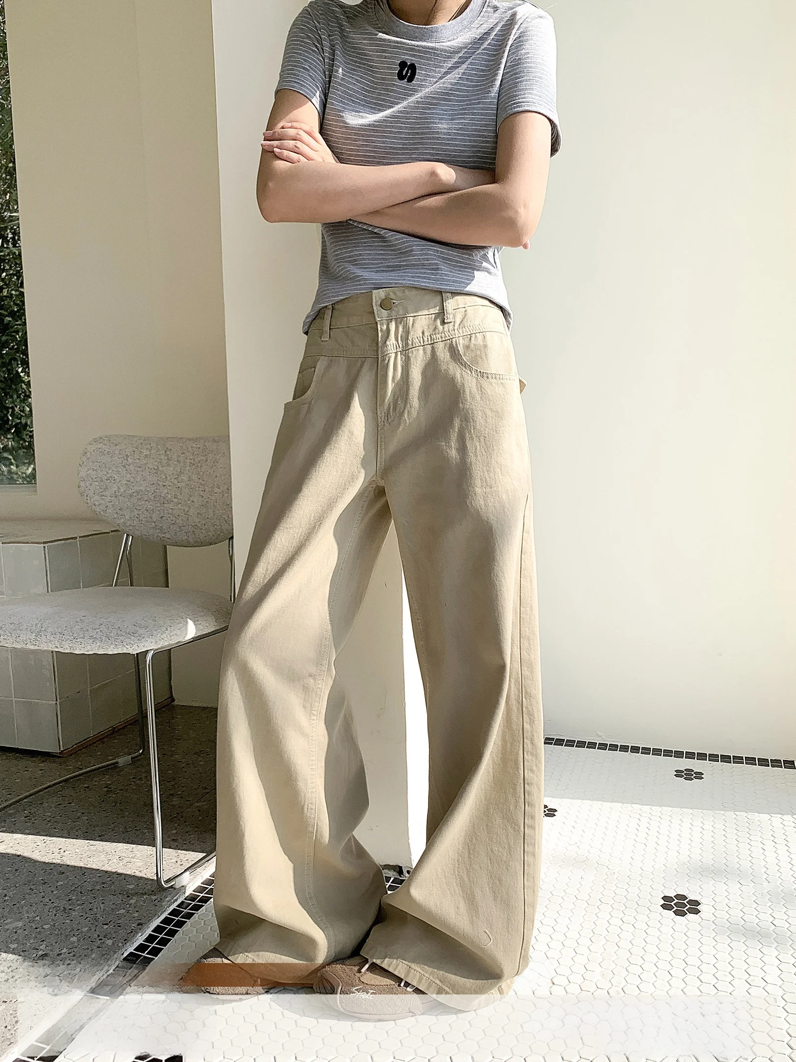 

Casual Straight Leg Pants Women's Summer Simple Match Floor Length Draping Pants Retro Style High Waist Button Cotton