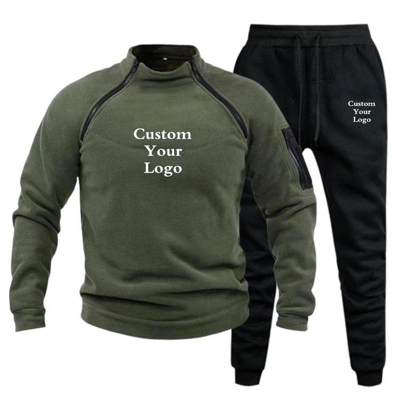 New Custom Logo Solid Color New High-Quality Men's Leisure Sports Round Neck Hoodless Sweater Pullover+Outdoor Running Pants Set