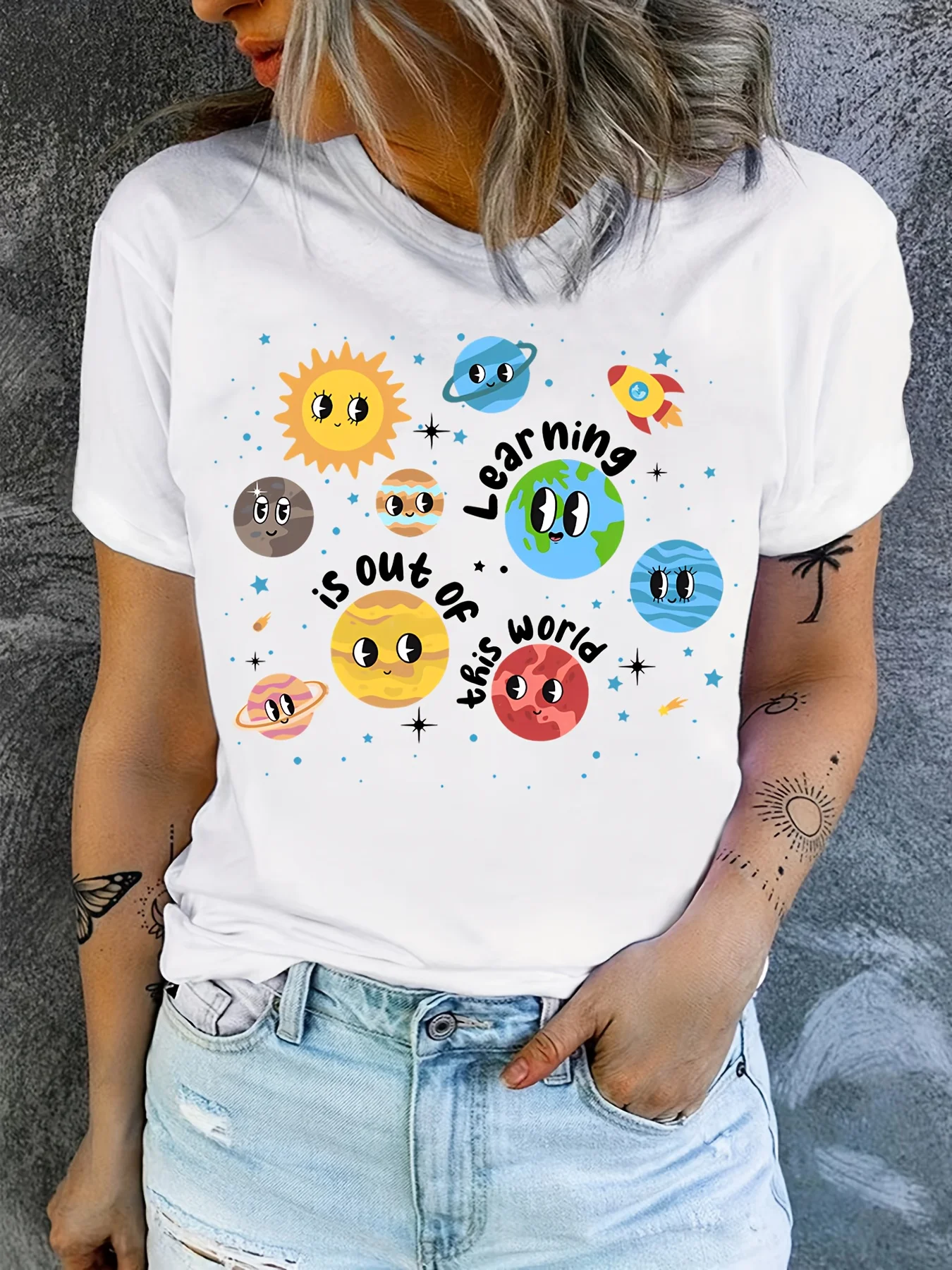Fun Cartoon Planet Print T-Shirt, Teacher'S T-Shirt, Back-To- T-Shirt