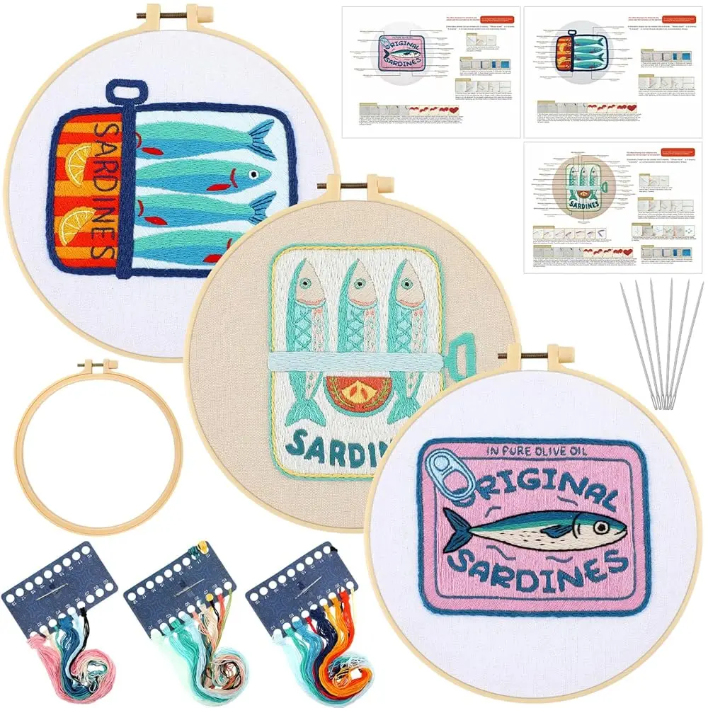 

3 Sets Sardine Embroidery Kit with Embroidery Hoop Easy Pattern Needlepoint Kit for Beginners and Adults Hand Crafts Needlep