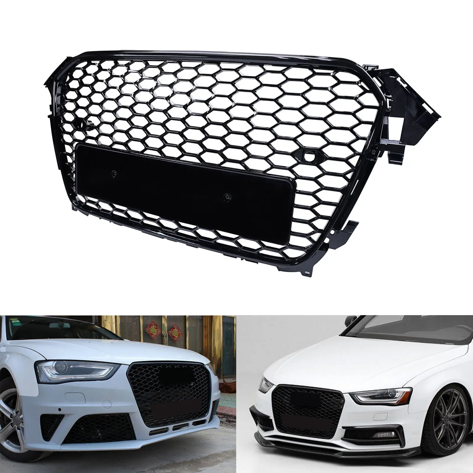 Honeycomb Mesh Front Bumper Grille Gloss Black For 13-15 Audi A4 S4 B8 RS4 Style