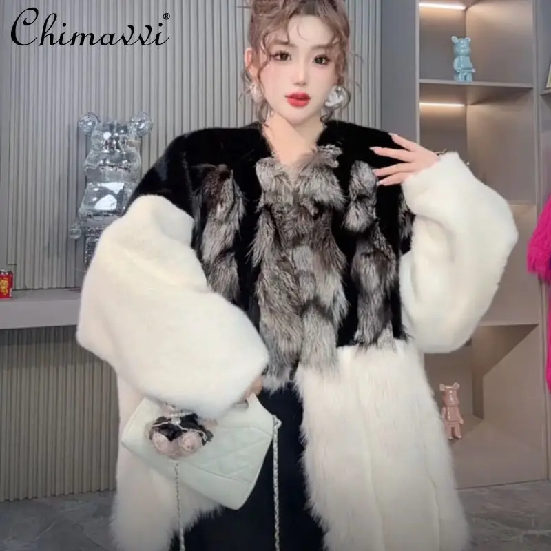 2025 شتاء جديد الراقية مصمم الأزياء كتلة اللون معطف ضوء الفاخرة المرأة الثعلب الفراء المرقعة كم طويل دافئ أنيق الفراء #4