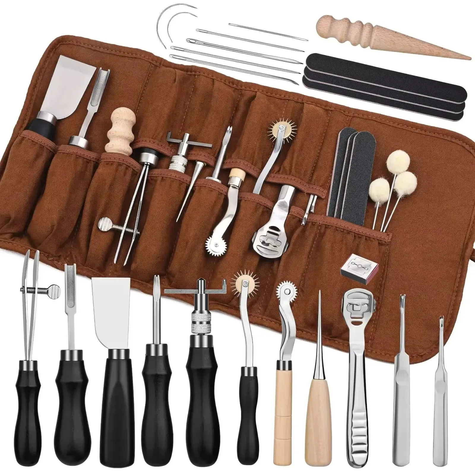 Leatherwork Beginner Tools - 37-teiliges Lederarbeitswerkzeug-Set, Lederhandwerkzeuge mit Kantenentgratzer, Nähwerkzeuge,