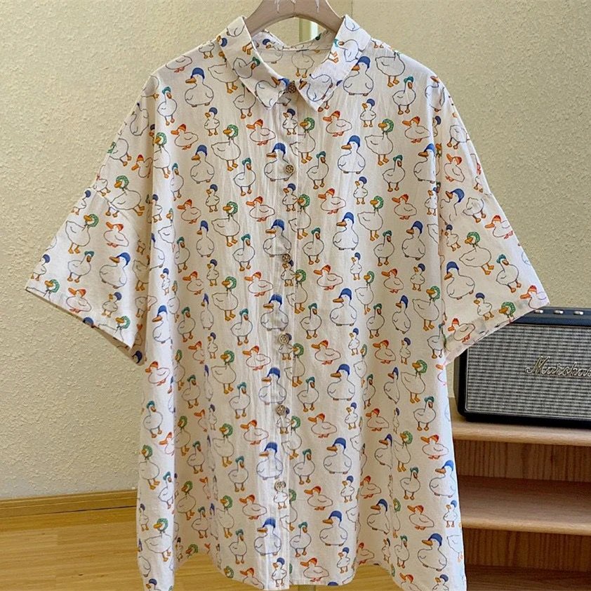 Hip Hop Cartoon Duck with Hat Full Print Shirts Cute Anime Kawaii Beach Shirt Summer Short Sleeve Oversized Blouse Casual Loose