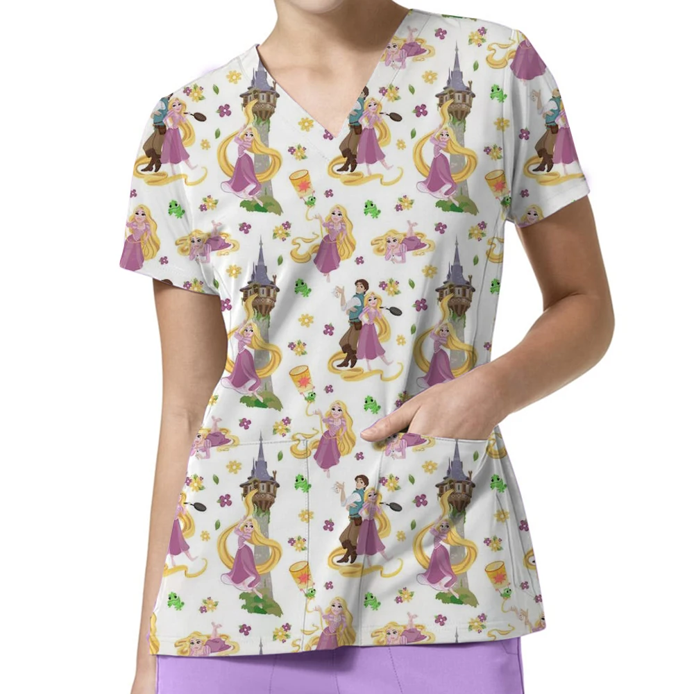 Bellissimo modello Disney Princess Cartoon stampato T-shirt da donna Estate Nuovo comodo e casual Uniforme da infermiera Stile Y2k Top