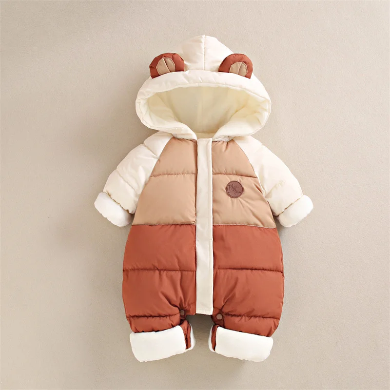 Baby Padded Cotton Rompers Winter Boys Girls Thick Plus Velvet Warm Jumpsuits Hooded Down Overalls Snowsuit One Piece Bodysuit