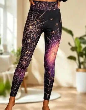 Women Mid‑Rise Fleece Lined Leggings, Halloween Pink Purple Spider Web Splash Print Slim Stretch Pants