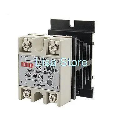 DC to AC Solid State Relay SSR-60DA 60A 3-32VDC 24-380VAC w Heat Sink