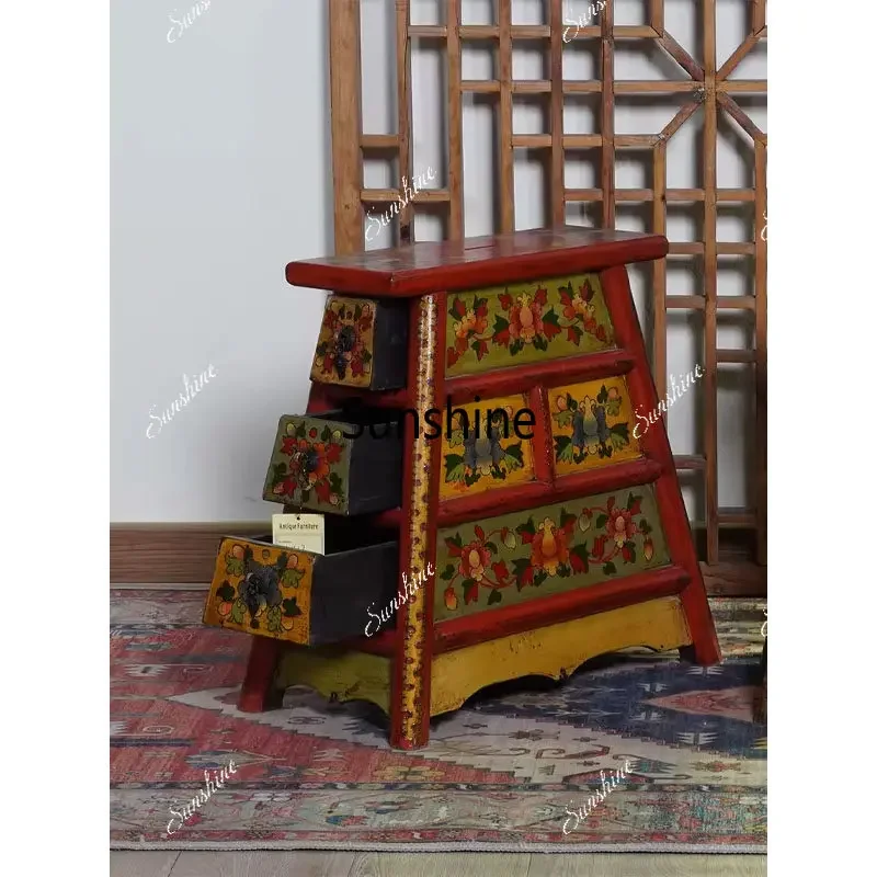 Chinese solid wood household low stool painted shoe changing stool