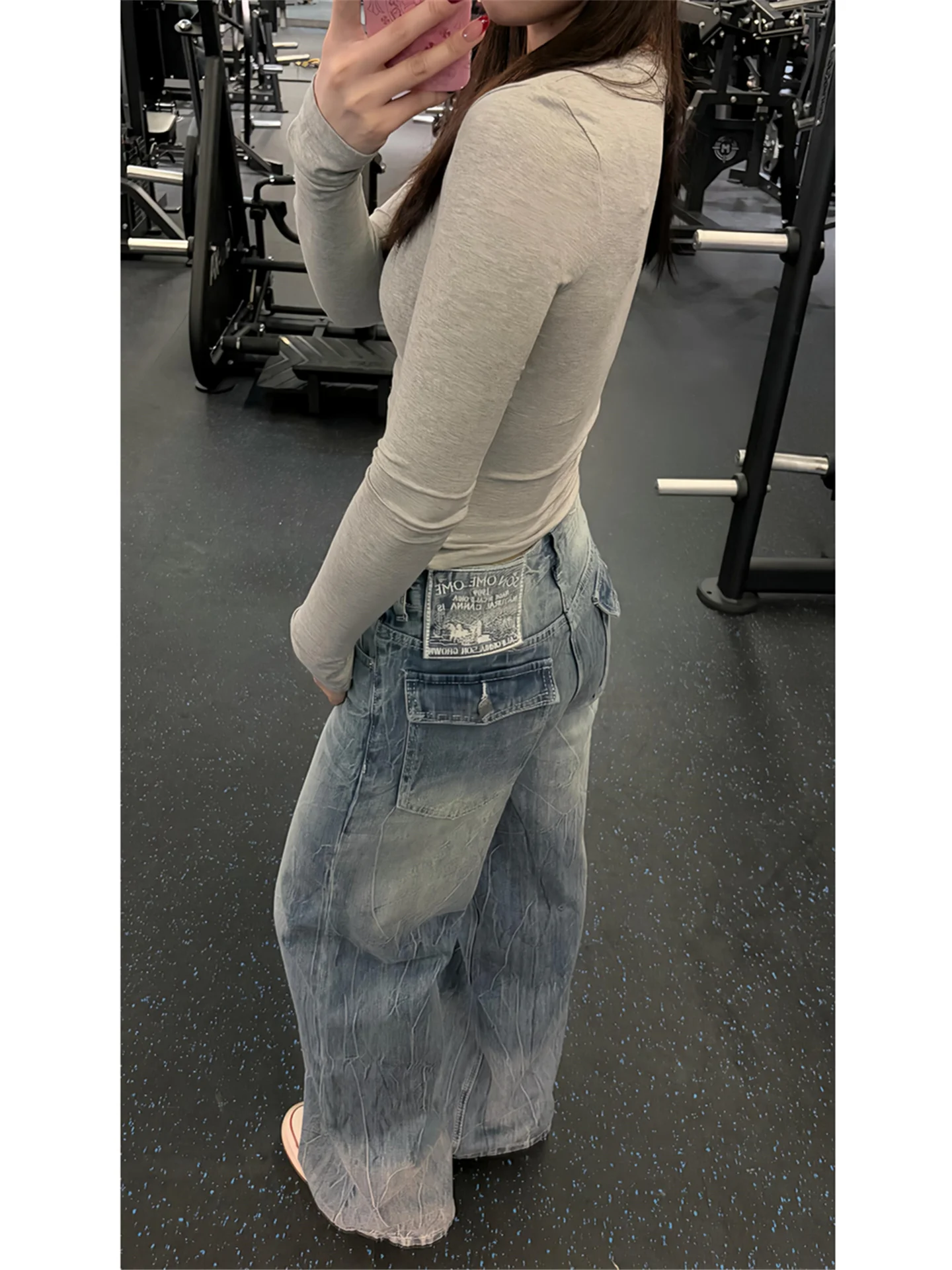 

Retro Blue Low Waist Straight Leg Jeans Women's Loose Slimming Extended Wide Leg Floor-Length Pants Casual Cotton Denim