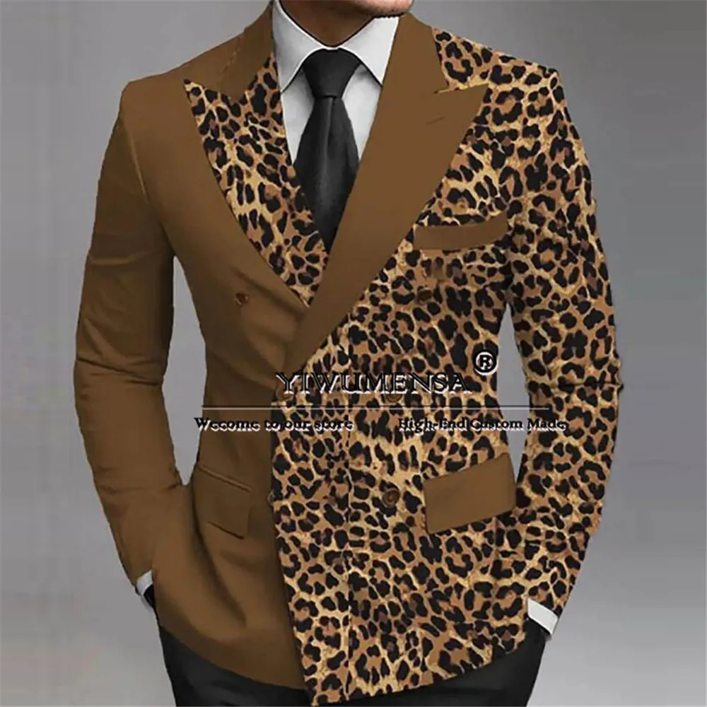 Leopard Splicing Wedding Tuxedo Bespoke Groom Wear Peaked Lapel Prom Male Birthday Party Jacket Black Pants 2 Pieces Suits Men