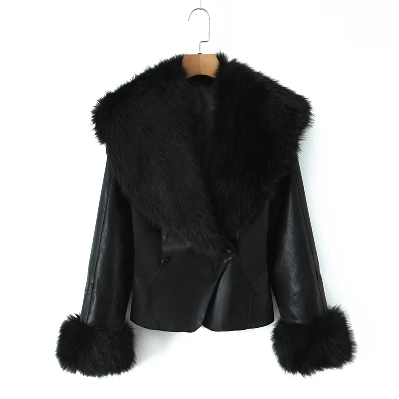 

YENKYE, темпераментная куртка из искусственной кожи в европейском и американском стиле с меховым воротником, женская куртка на шнуровке сзади, осенне-зимнее теплое пальто