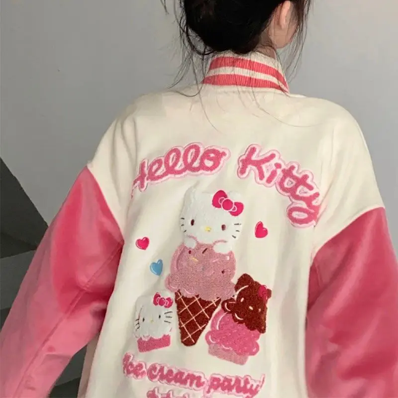 Kawaii Sanrio Hello Kitty Baseball Uniform Jacket Female Autumn Versatile Loose Casual Jacket Anime Cute Cartoon Birthday Gift