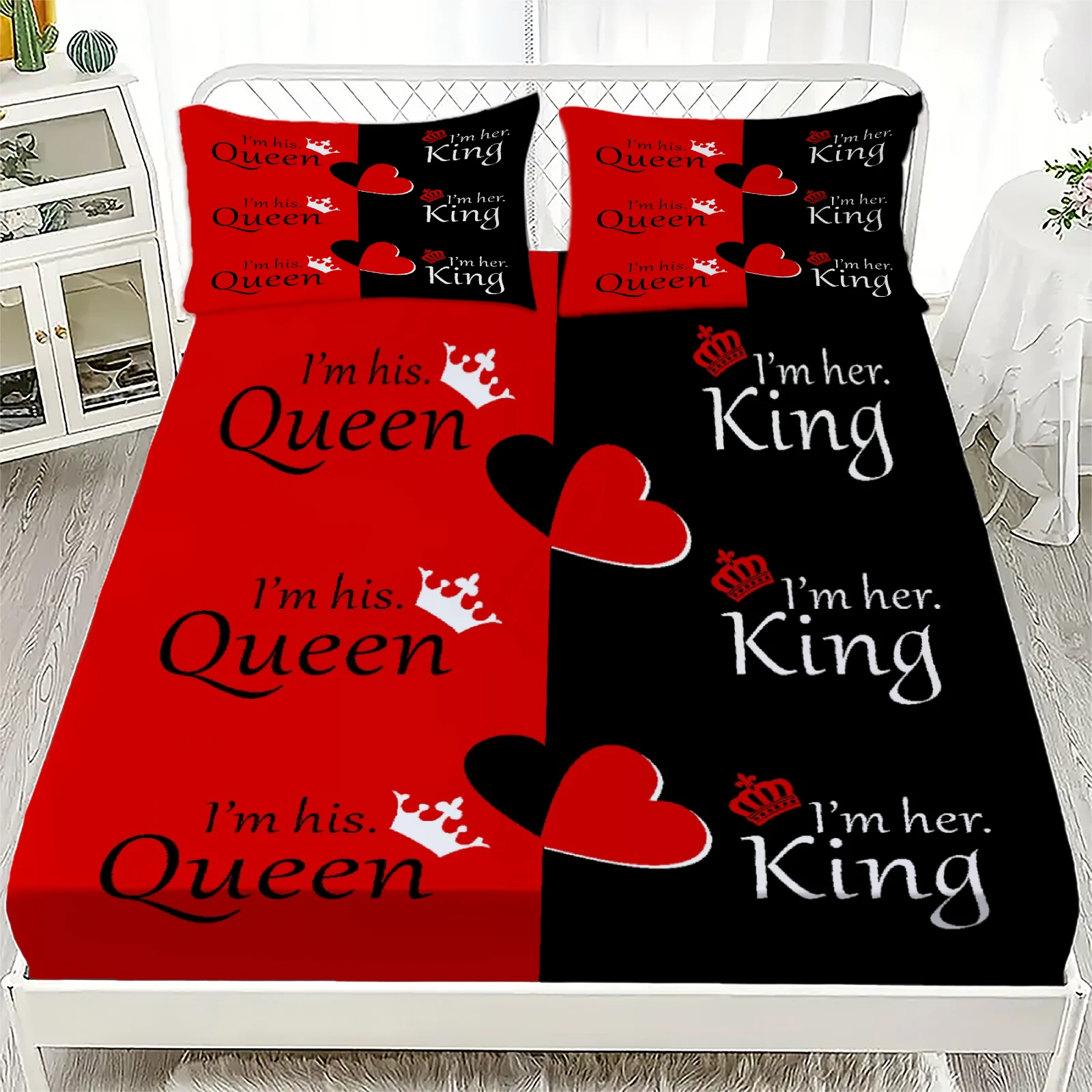 3 pcs Fitted Sheet Set 3D Printed Soft White And Black Bedspread Single Queen King Size For Couples Home Decor