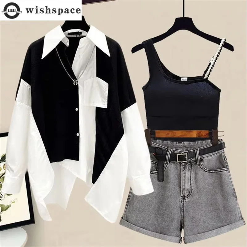 

Splicing Sunscreen Chiffon Shirt Weaving Bra Cowboy Shorts 3-Piece Set Fashion Women's Pants Set Complete Clothing