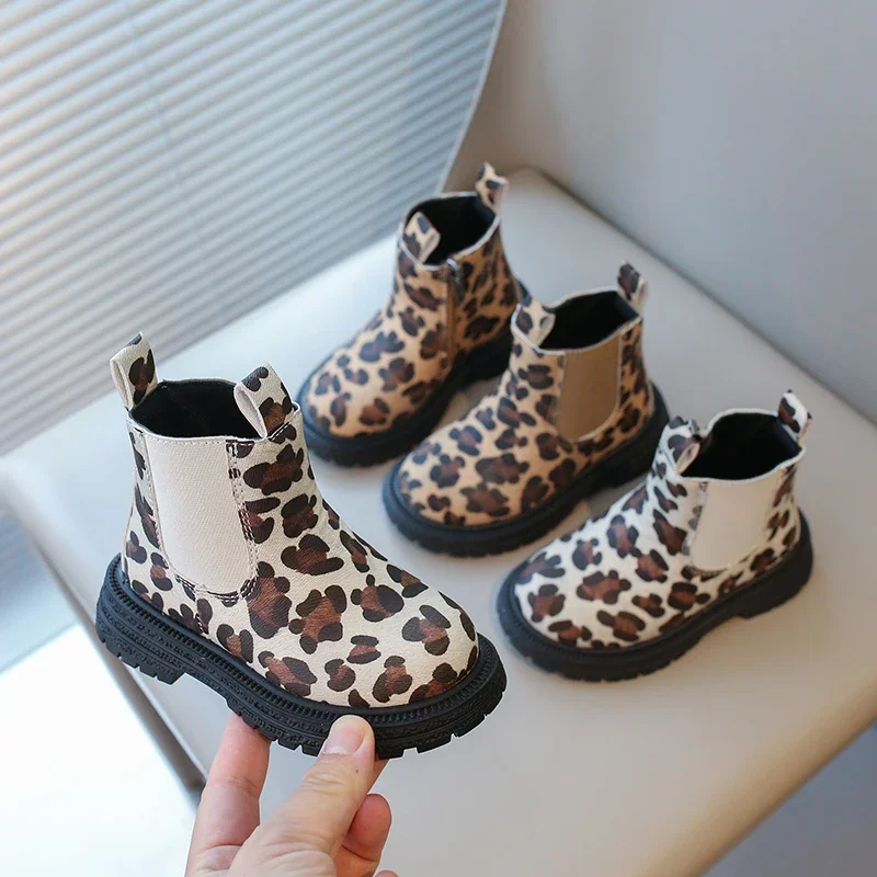 Boys Boots Leopard Prints Classic Little Kids Ankle Boots Side Zipper Fashion Classic Unisex Girls Rubber Boots Breathable Warm