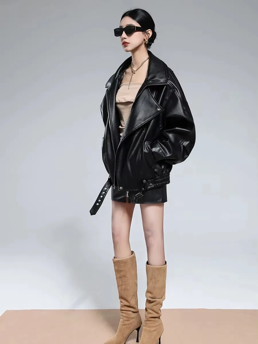 Mauroicardi Spring Autumn Cool Handsome Oversized Brown Soft Pu Leather Jacket Men Belt Loose Casual Runway Fashion Clothes 2025