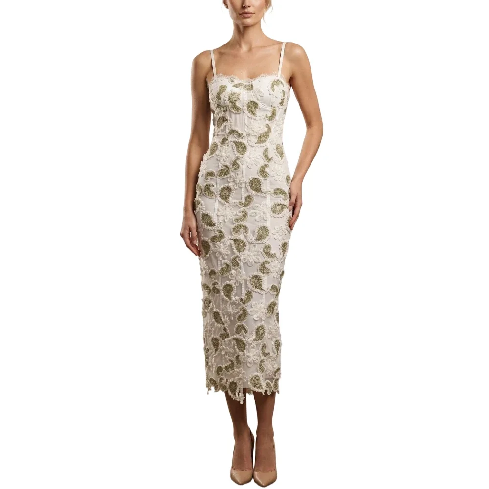 

Elegant Sage Green Paisley Lace Midi Dress Women Sexy Spaghetti Strap Corset Bodycon Dresses Luxury Wedding Guest Prom Gown