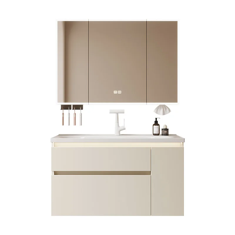 Modern Cream-style Pull-out Basket All-aluminum Bathroom Cabinet Ceramic Integrated Basin Rustic Tiles Multi-functional Storage