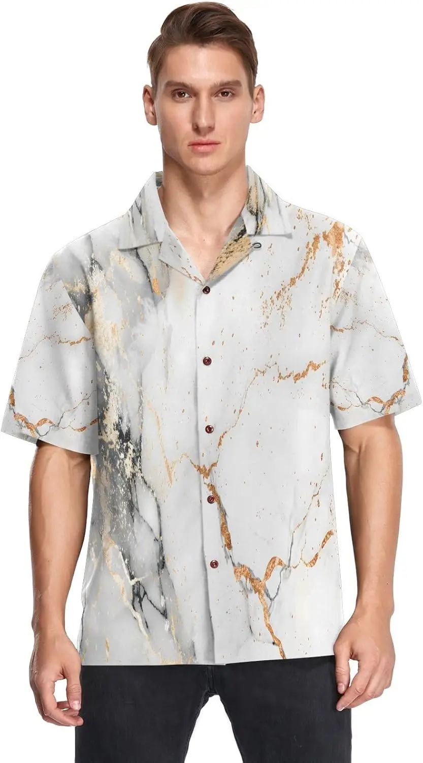 

White Marble Print Men's Hawaiian Shirt Short Sleeve Button Down Summer Beach Casual Shirt S