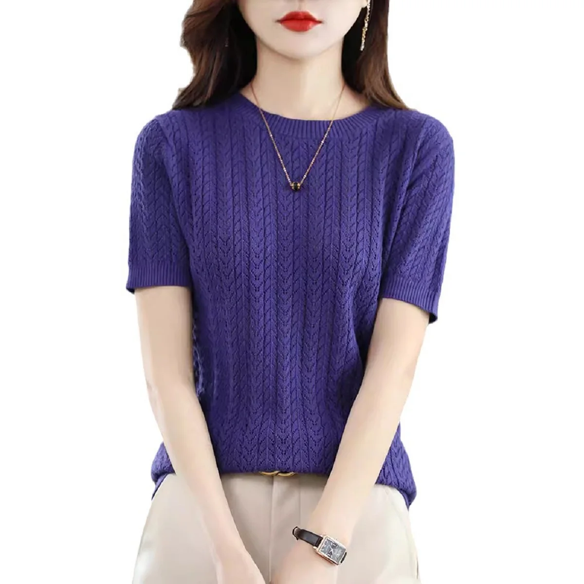 Women Sweater Korean Fashion Style Spring Summer Hollow Out Knitwear Casual Solid Color O Neck Female Knit Pullover