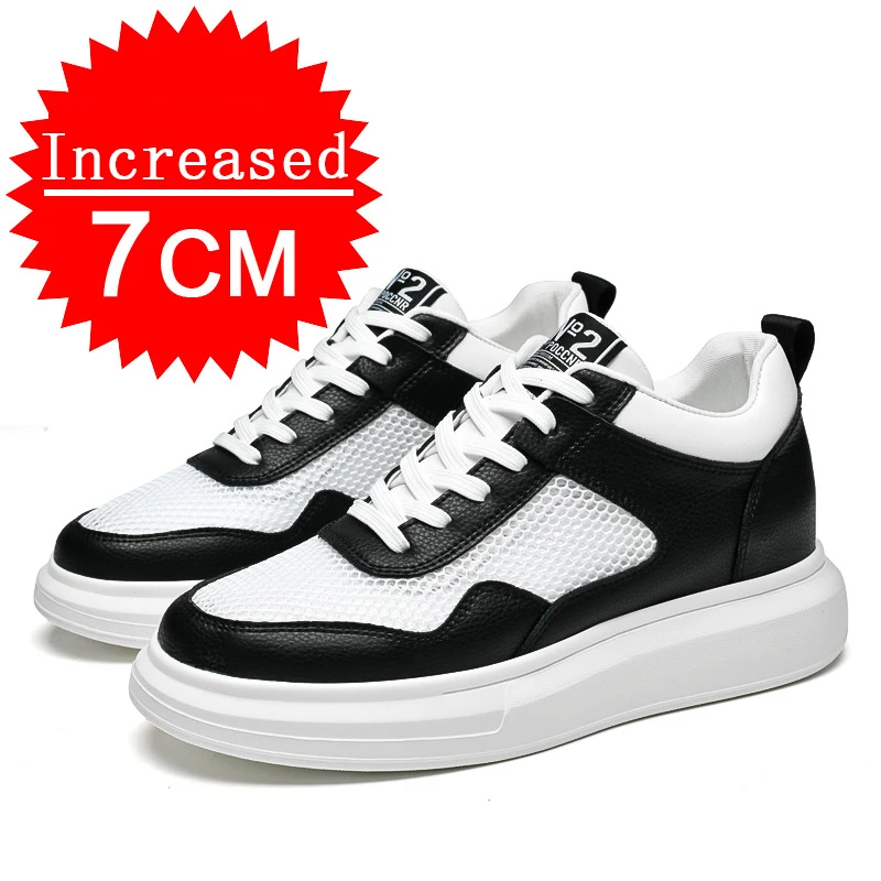 7CM Genuine Leather Heightening Shoes Breathable Mesh For Summer Casual Fashion Sport Platform Shoes Increase Height Shoes 38-45