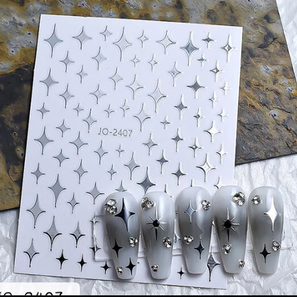 Pegatinas metálicas de corazón 3D para decoración de manicura, deslizador autoadhesivo, láser holográfico, Estrella y Luna, 1 hoja