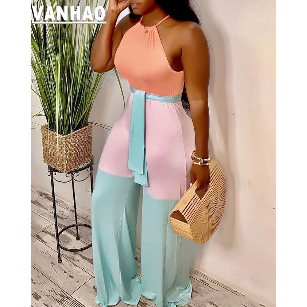 VANHAO Summer New Women Fashion Contrast Color Bandage Long Jumpsuit Ladies Sexy Halter Skinny Romper Wholesale Dropshipping