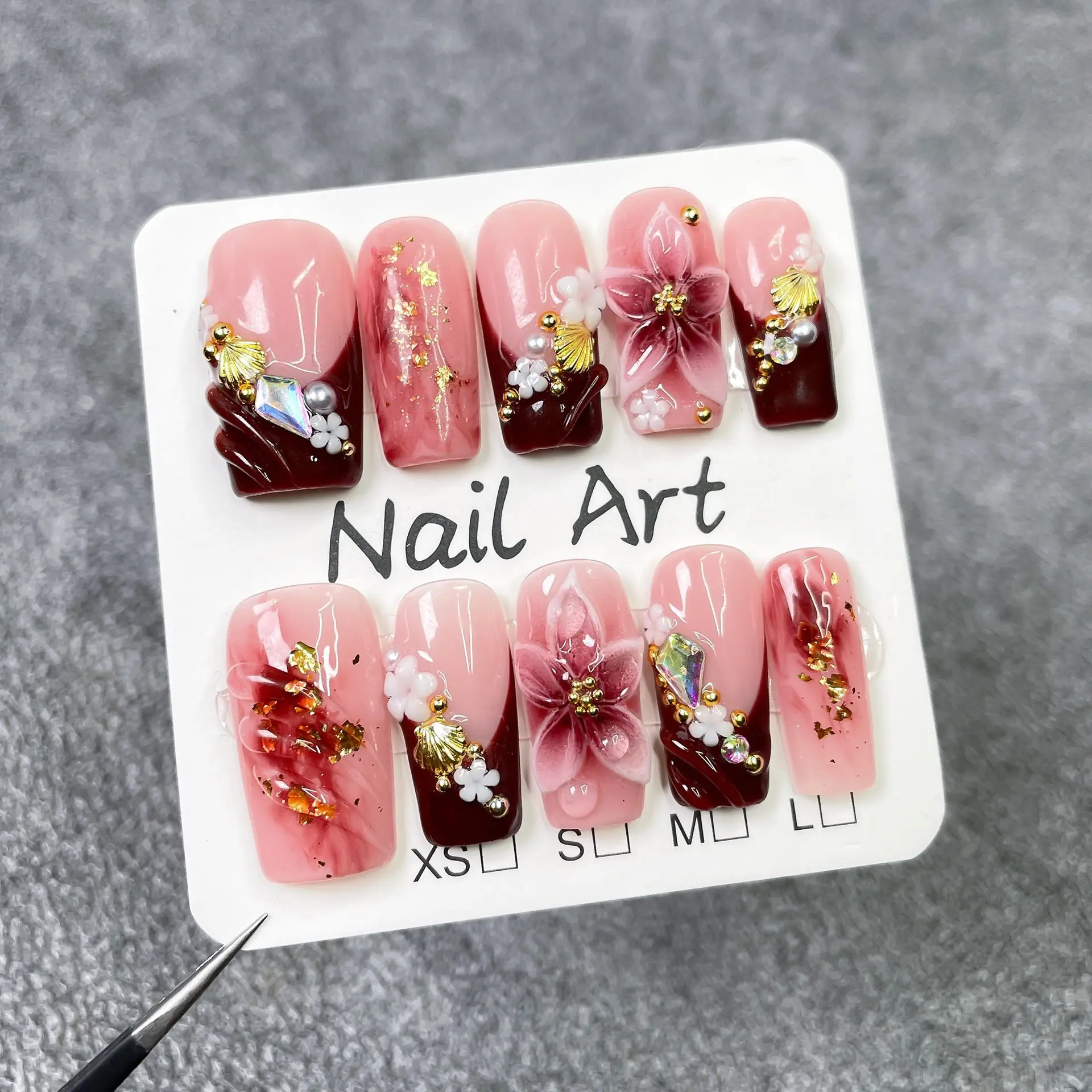 

10pcs Wine Red French Handmade Press on Nails 3D Carving Flower Design False Nails European Spicy Girls Coffin Fake Nail Tips