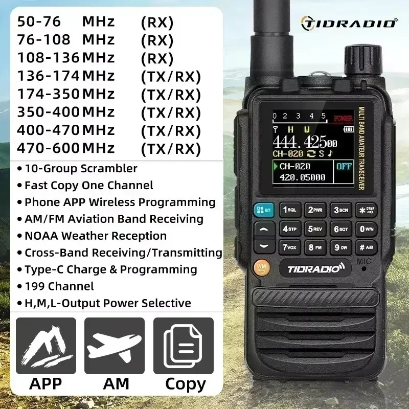 TIDRADIO H3 Walkie Talkie Phone APP Wireless Programming Dual PTT Air Band Long Range Radio USB Type-C Cable Programming &Charge