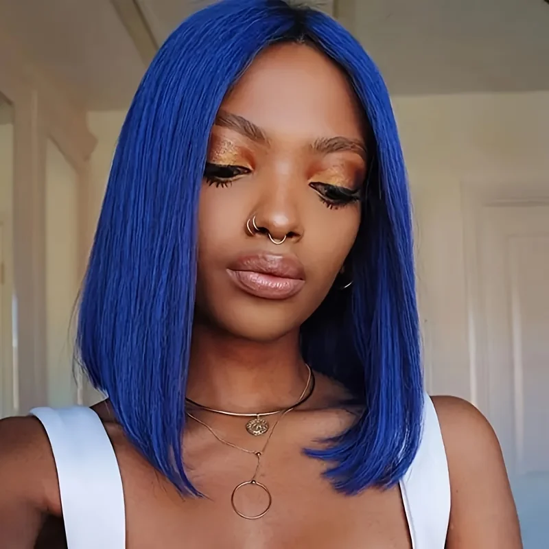 Ketebalan 200 Wig potongan Bob 13x4 wanita biru Wig BrazilianLace Frontal Wig Hiar manusia dengan rambut bayi Wig rambut manusia depan renda