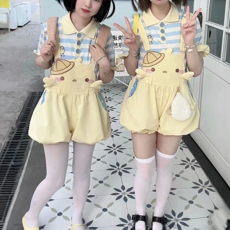 

Kawaii Fashion Constrast Color Striped Pleated T Shirts Y2k Puffly Short Cartoon Straps Shorts Preppy Punk Girl Two Piede Sets