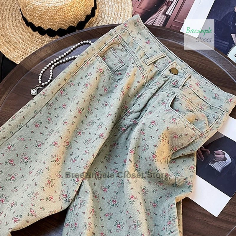 Korean style floral retro straight leg jeans for women's summer new fashion design, niche high waisted casual wide leg pants