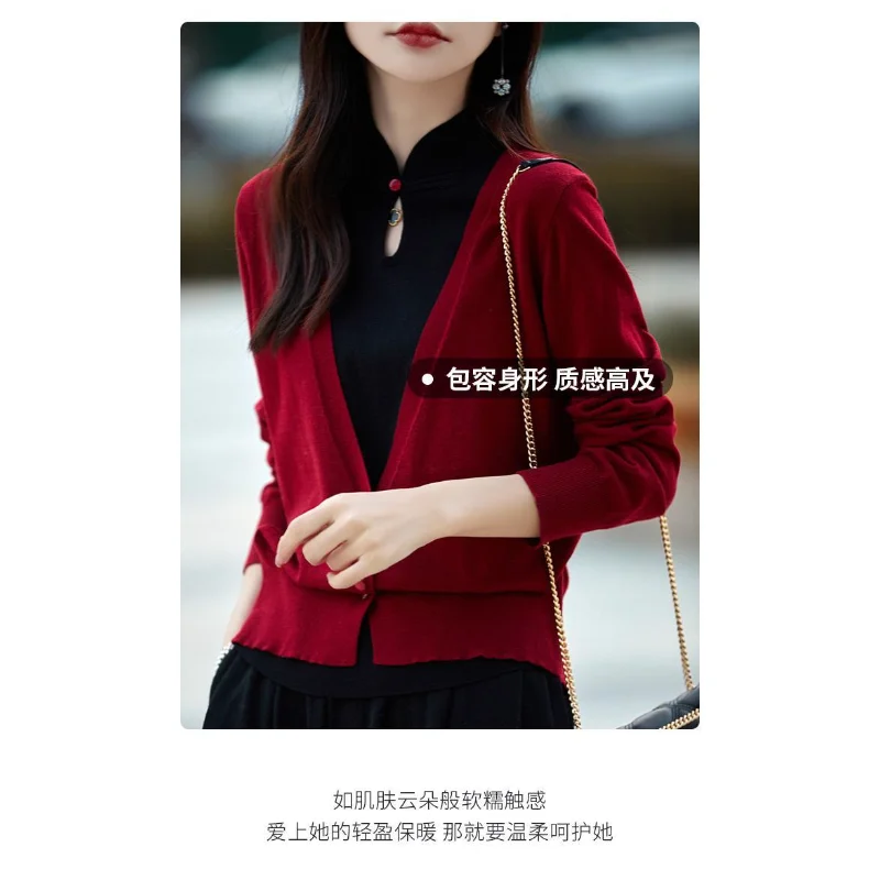 Autumn and Winter Women's Chinese Style Chinese  Folding Fake Two-piece Cardigan Pullover Sweater Slim Top
