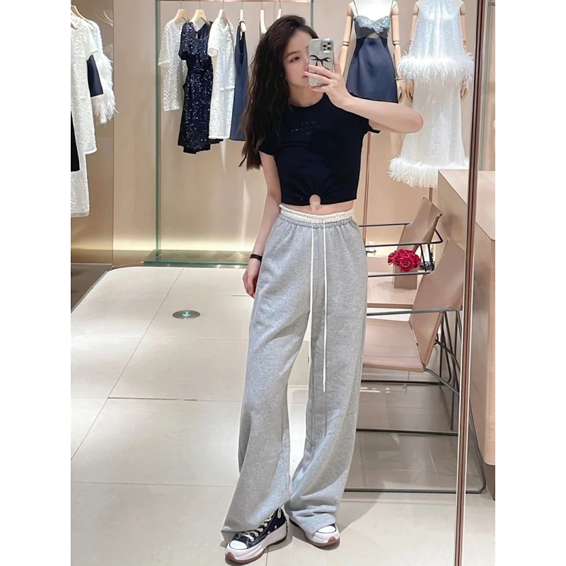 

Casual ey iny Tead Dstring Waist Loose Women's Sweatpants Faionable Spring Summer Color Blo Wide Leg P...