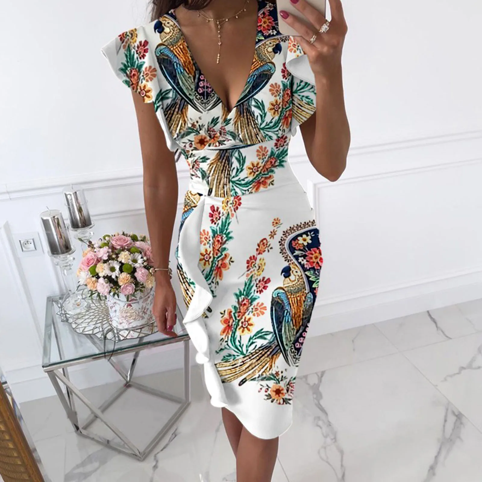 2023 New Fashion Dress Women's Clothing V-Neck Elegant Slim Print Pleated Ruffles Dresses Office Lady Package Hip Female Dress