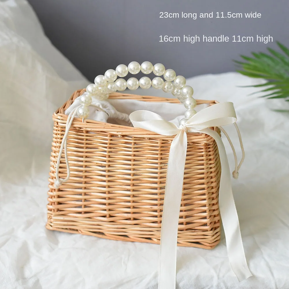 Trendy Pearl Rattan Weaving Handbag Straw Bag Minimalist Key Woven Basket Coin Purse Summer Travel Beach Bag