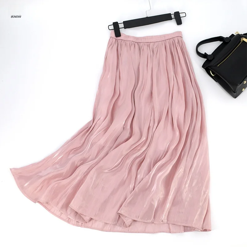

Copper Ammonia Silk Half Skirt Elastic Waist Pearl Silk Smooth High Waist Versatile A-Line Skirt Long Skirt Body Type