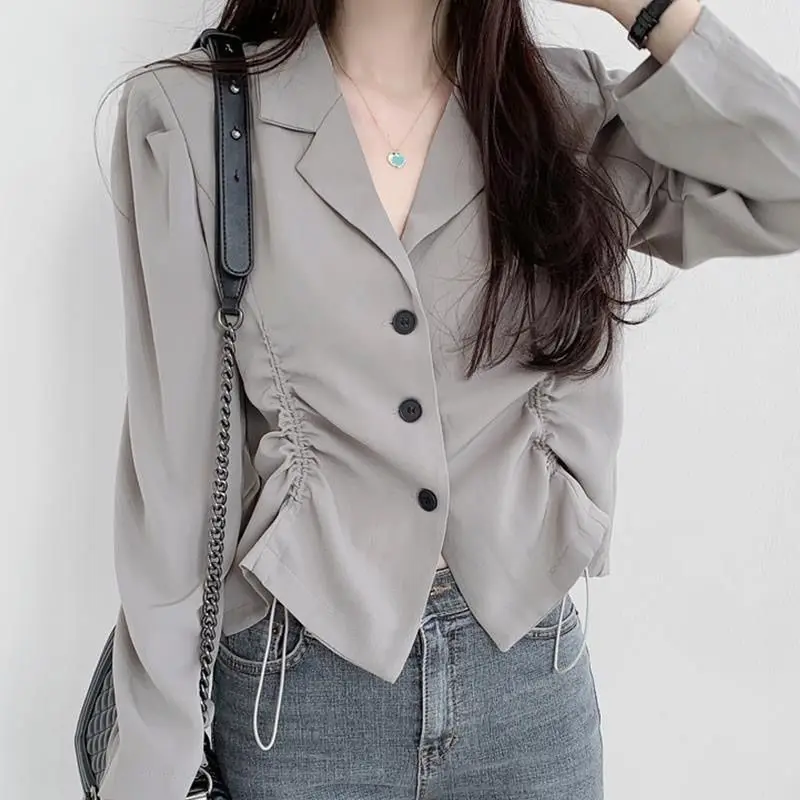 Spring Summer Suit Neck Pleated Slim Shirt Korean Solid Simple Elegant Temperament Long Sleeve Shirt Tops Office Suit Coat