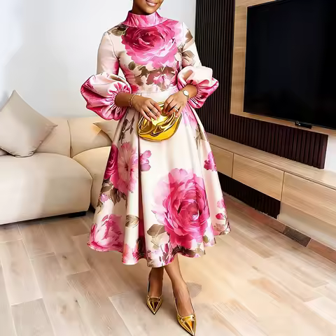 Dashiki African Dresses for Women Flower Printed Stand Collar Elegant Evening Maxi Dress Puff Sleeves Pleated Party A-Line Dress