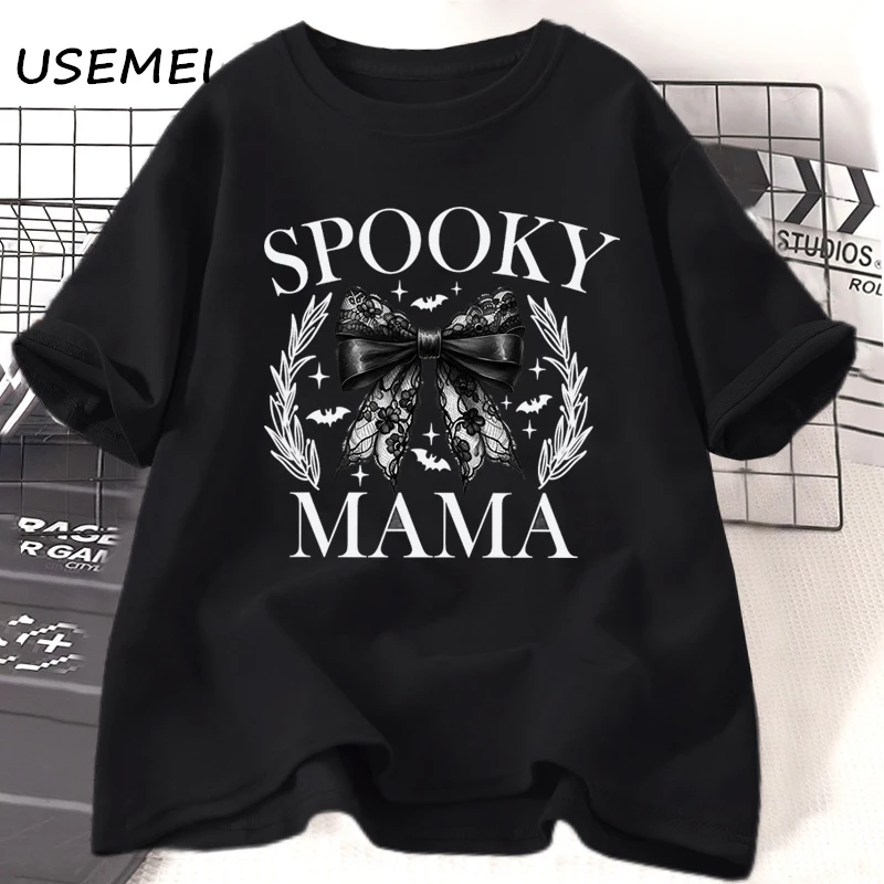 Spooky Mama Halloween T-shirts Fall Spooky Season Retro Printed T Shirt Women Men Cotton Short Sleeve Tshirt Round Neck Tees