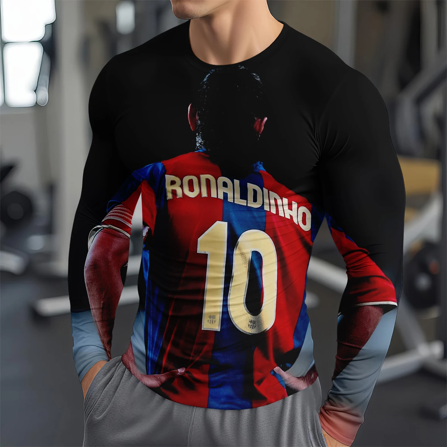 New Fashion 3d Printed Ronaldinho Pattern Long Sleeve T-Shirt, Casual Sports Top Pullover, Comfortable Long Sleeve T-Shirt