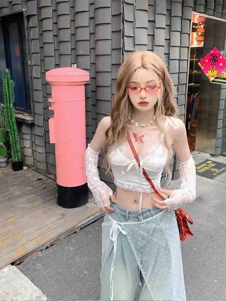 Damski krótki top z koronkowym wykończeniem, estetyczna biała kokardka, urocza, słodka mini kamizelka, dzianinowa, podstawowa, codzienna koszulka, letnia odzież plażowa z odkrytymi plecami.