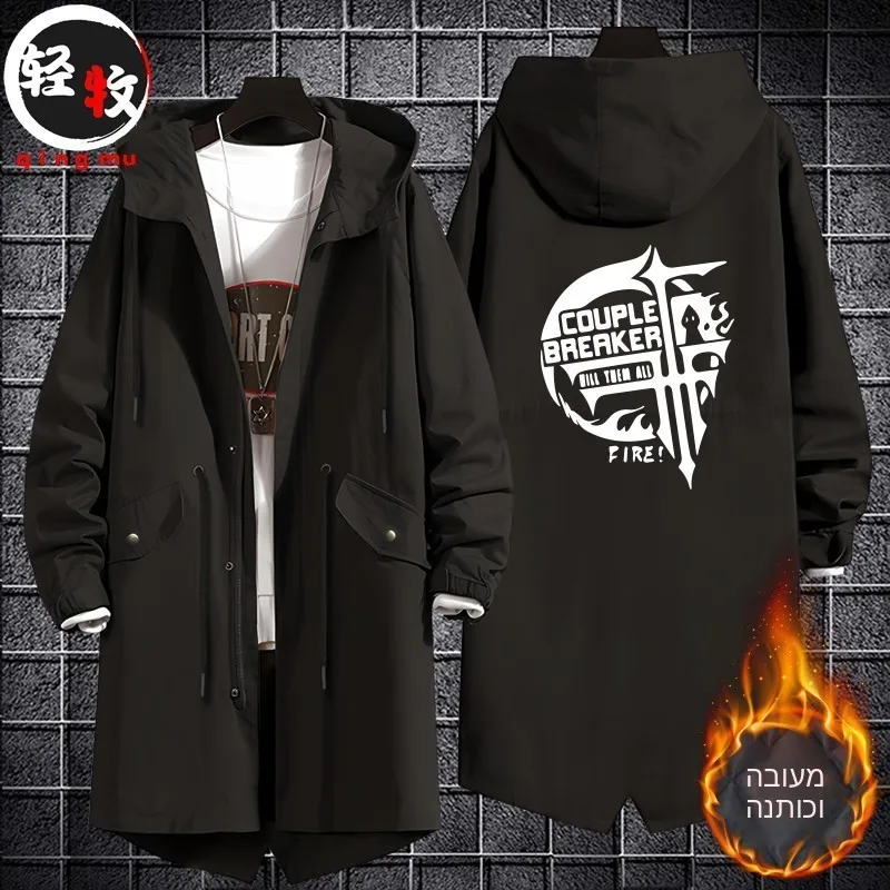 Unisex Hooded Jacket Medium-Length Cotton Coat Spring Autumn Winter Fashion Brand Men's Outerwear Windbreaker Polyester Fiber