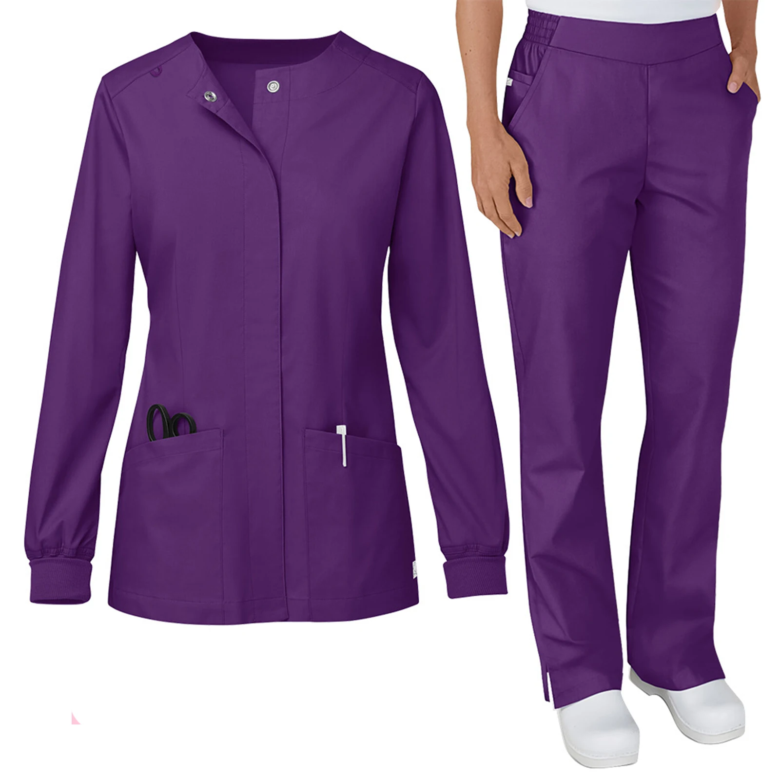Women's Nurse Scrub Set Stand Collar Long Sleeve Button Front Multi-Color Multi-Pocket Long Pants Cozy Professional Workwear