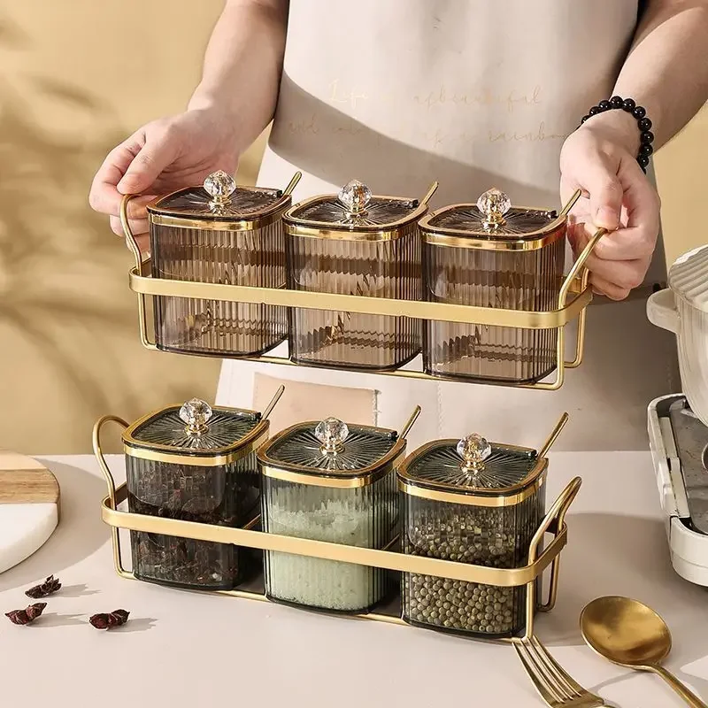 Luxury Gold Plated Vertical Pattern Transparent Spice Jar Set Home Salt Kitchen Jar Chili Spice Storage Box Grain Storage Bottle