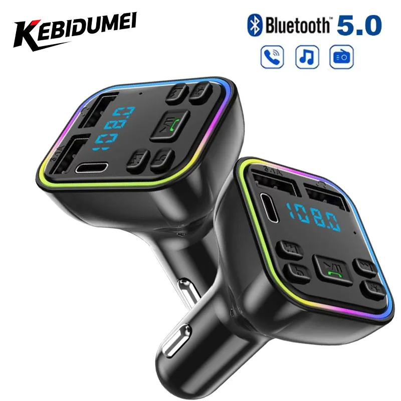 Car MP3 Player Bluetooth 5.0 FM Transmitter Handsfree Car Radio Modulator with Wireless Light USB Quick Charge Adapter for Car